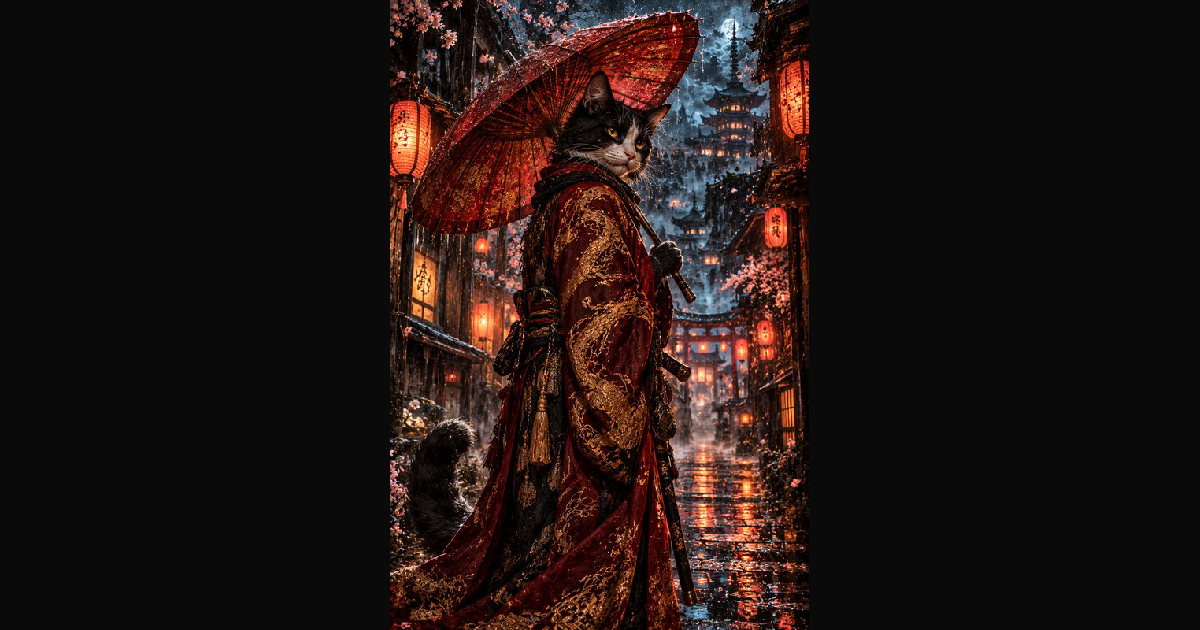 Anthropomorphic tuxedo cat in ornate samurai robes — AI art by ...