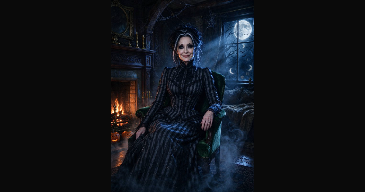 Poised gothic woman in a striped Victorian gown sits — AI art by ...