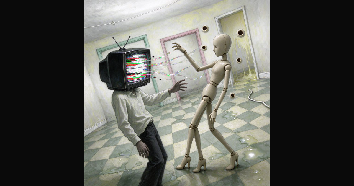Surreal TV-headed figure exchanges glitch light streams — AI art by ...