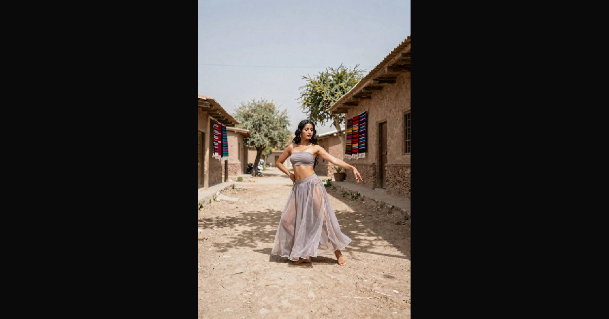 Woman in flowing grey dance attire poses barefoot — AI art by ...