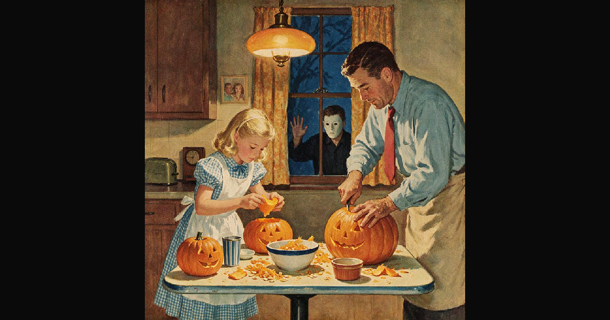 Father and young daughter carve Halloween jack-o-lanterns — AI art by ...