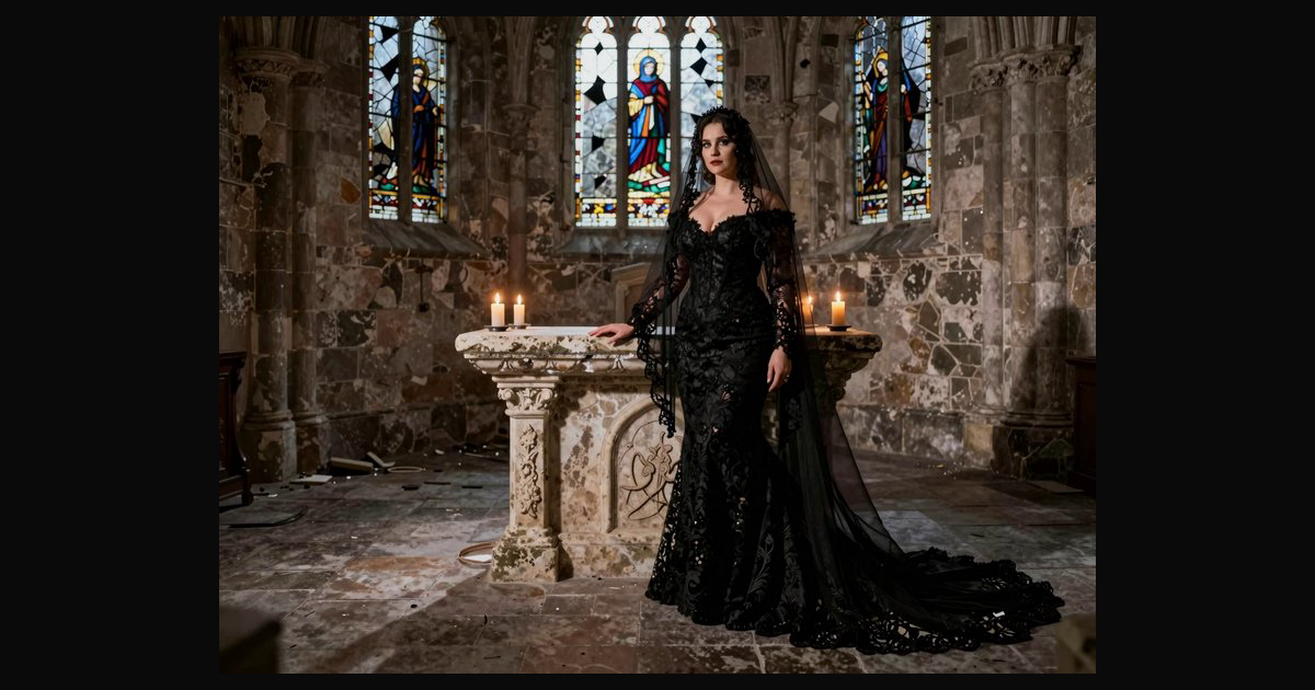 Woman in an ornate black lace gothic wedding dress stands by a stone ...