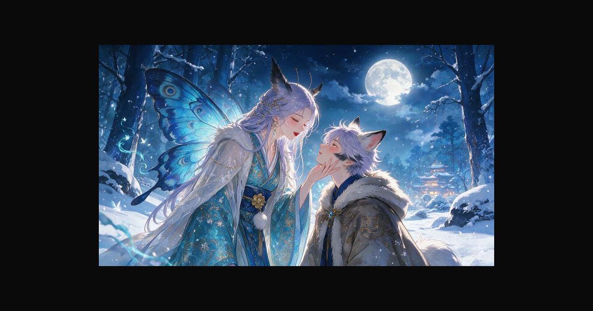 Fairy with blue butterfly wings gently touches a fox spirit boy's… — AI ...