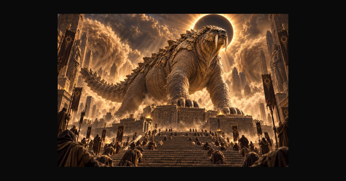 Colossal fanged mythical beast stands on an ancient temple — AI art by ...