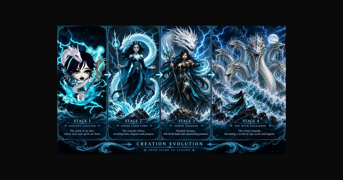 Four panel progression showing a sea witch — AI art by @Sealine ...