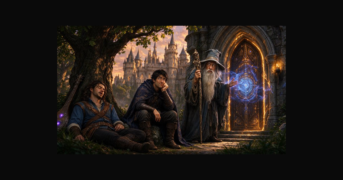 Wizard activates glowing magic portal as a bored rogue — AI art by ...