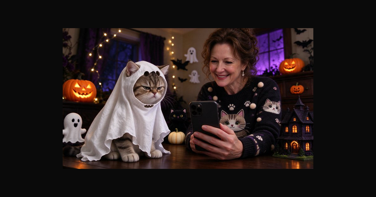 Grumpy tabby cat in a white ghost costume sits — AI art by ...