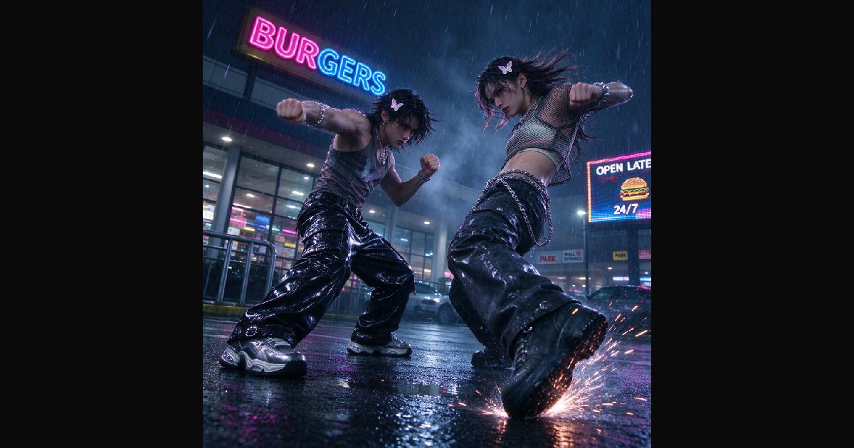Two edgy stylized characters in fighting stances outside a neon lit ...