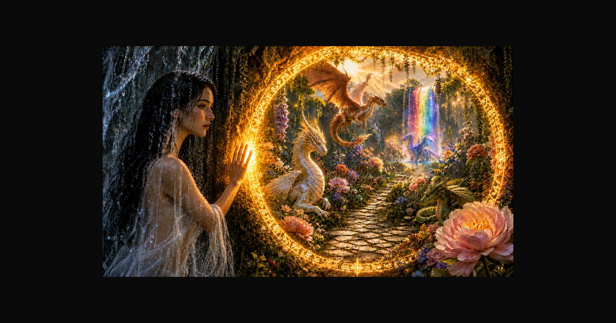 Mystical water witch reaches for a glowing rune portal opening to an ...