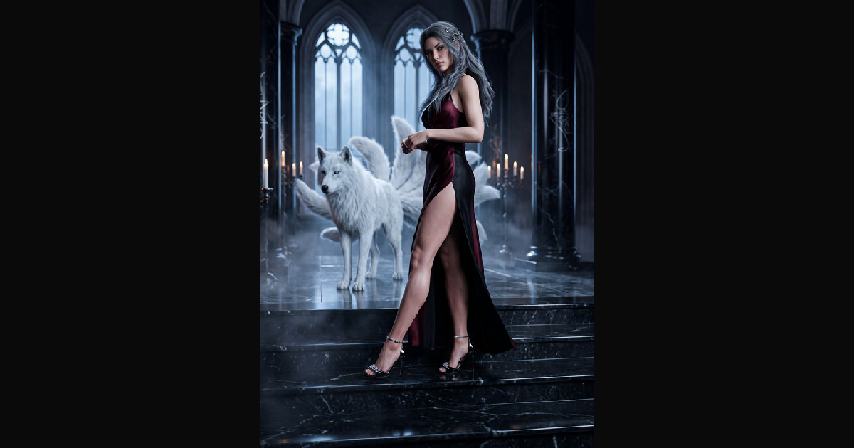 Silver-haired woman in a formal gown stands — AI art by @hadajz ...