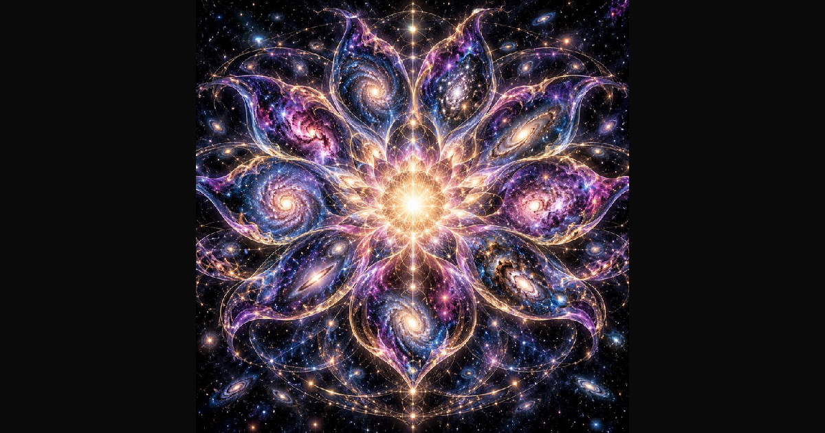 Symmetrical flower-shaped cosmic mandala made of swirling glowing… — AI ...
