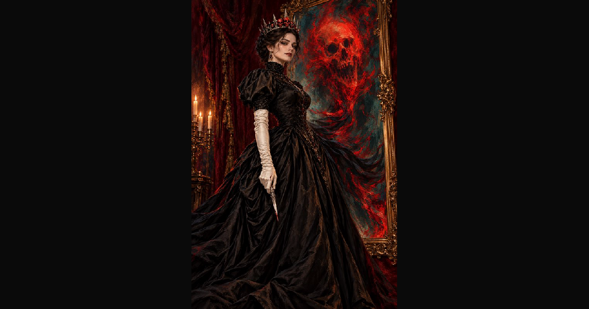 Gothic queen wearing a skull spiked crown holds a bloody dagger — AI ...
