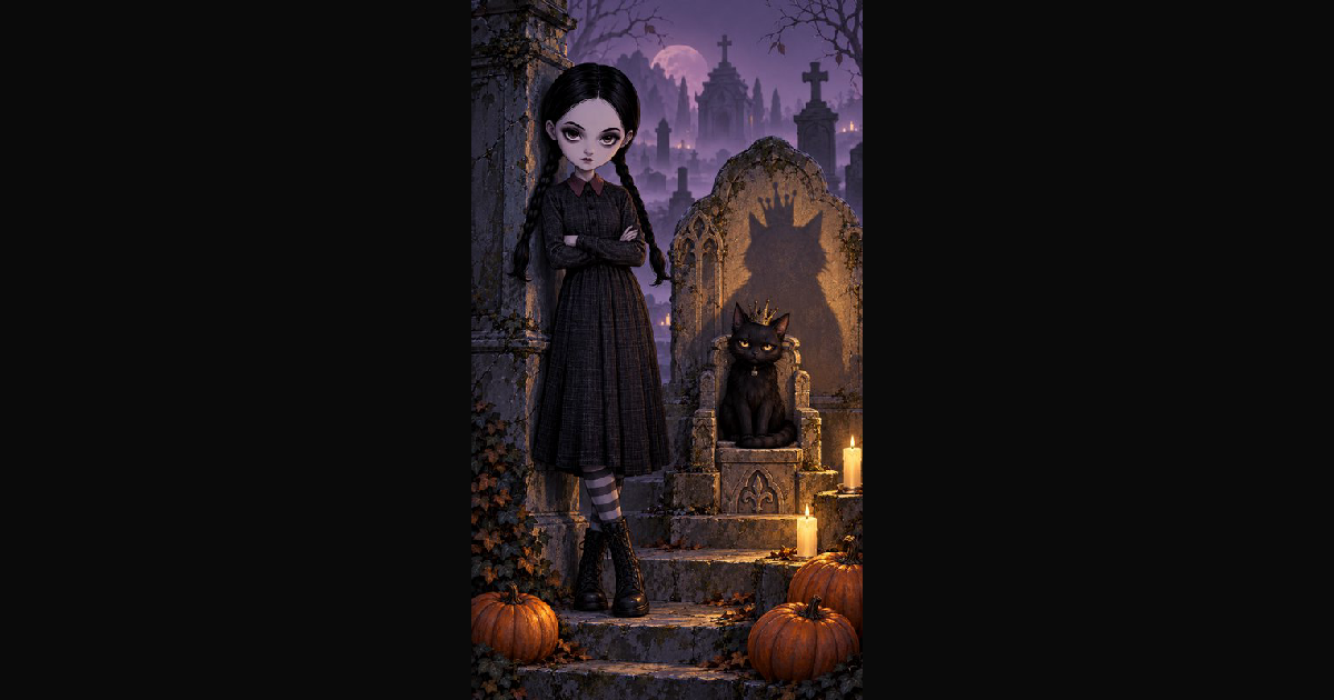 Gothic Wednesday Addams-style girl stands — AI art by @TesaranJ ...