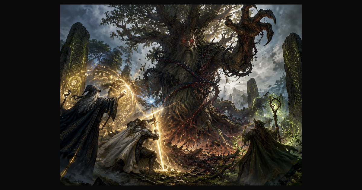 Three fantasy heroes battle a towering menacing sentient evil tree ...