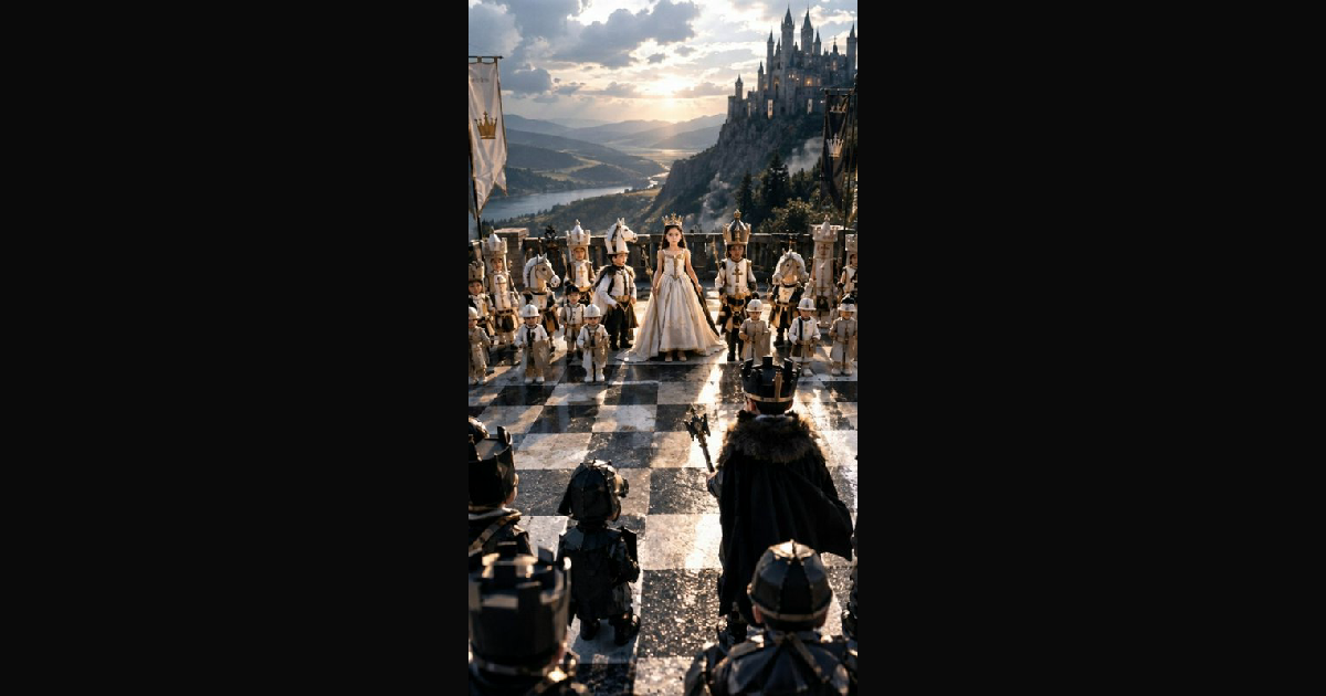 Crowned child queen stands between opposing chess-piece armies — AI art ...