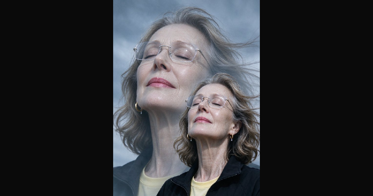 Double exposure portrait of a serene older woman with closed eyes — AI ...
