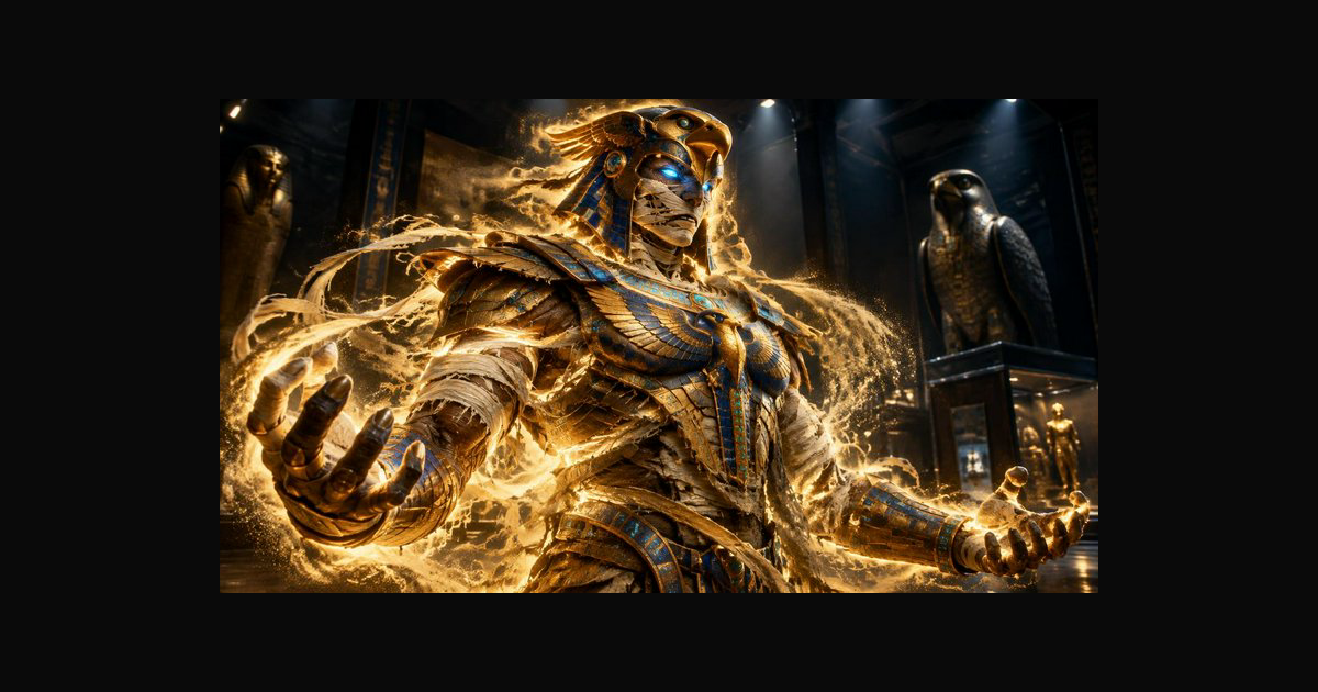 Glowing undead Egyptian pharaoh mummy summons golden magic — AI art by ...