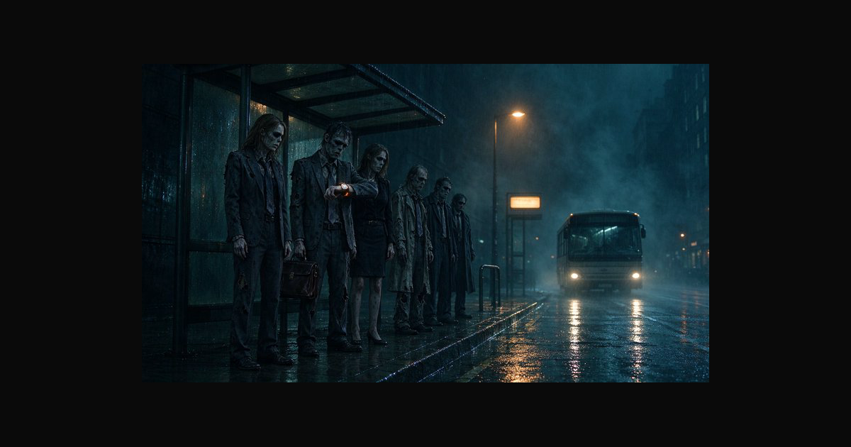 Undead zombie commuters wait at a foggy rainy city bus stop — AI art by ...