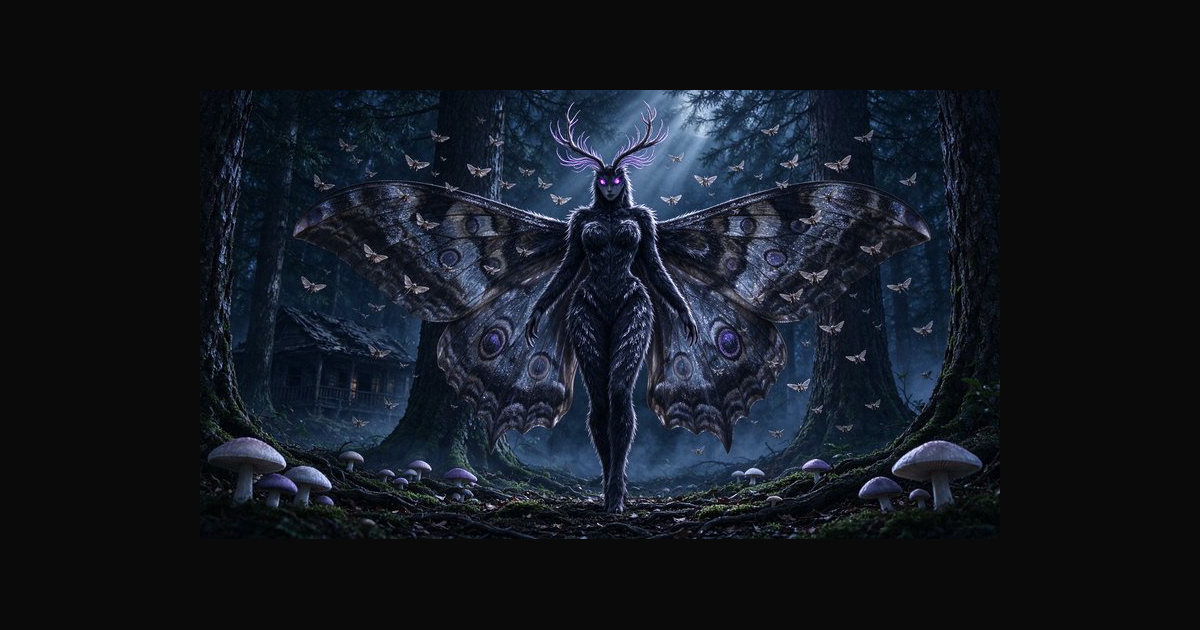 Horned moth humanoid cryptid with glowing purple eyes stands — AI art ...