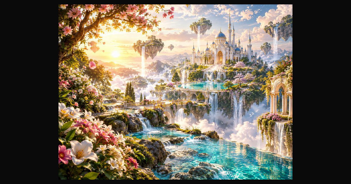Ornate fantasy castle sits on floating islands above a sea of clouds ...